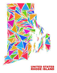 Mosaic Rhode Island State map of triangles in bright colors isolated on a white background. Triangular collage in shape of Rhode Island State map. Abstract design for patriotic decoration.