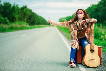 hitchhiking hippie girl