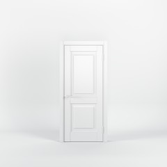 Outstanding closed white door on white background. All white minimal concept.