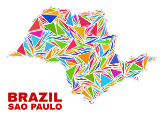 Mosaic Sao Paulo State map of triangles in bright colors isolated on a white background. Triangular collage in shape of Sao Paulo State map. Abstract design for patriotic purposes.