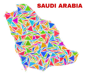 Mosaic Saudi Arabia map of triangles in bright colors isolated on a white background. Triangular collage in shape of Saudi Arabia map. Abstract design for patriotic illustrations.