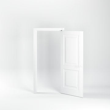 Outstanding opened white door on white background. All white minimal concept.