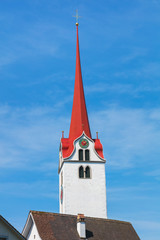 Tower of the City Church of Bremgarten (German: Stadtkirche Bremgarten) in the town of Bremgarten in the Swiss canton of Aargau