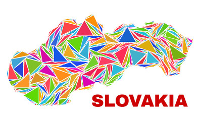 Mosaic Slovakia map of triangles in bright colors isolated on a white background. Triangular collage in shape of Slovakia map. Abstract design for patriotic decoration.