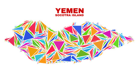 Mosaic Socotra Island map of triangles in bright colors isolated on a white background. Triangular collage in shape of Socotra Island map. Abstract design for patriotic purposes.