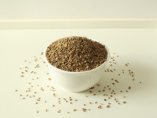 ajwain or Trachyspermum ammi,caraway herb spice seeds in bowl top view