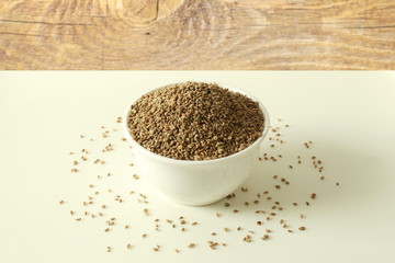 ajwain or Trachyspermum ammi,caraway herb spice seeds in bowl top view