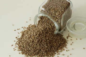 ajwain or Trachyspermum ammi,caraway herb spice seeds in bottle