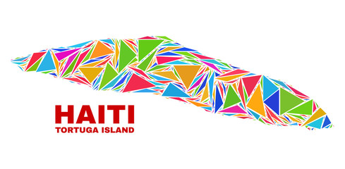 Mosaic Tortuga Island of Haiti map of triangles in bright colors isolated on a white background. Triangular collage in shape of Tortuga Island of Haiti map. Abstract design for patriotic decoration.