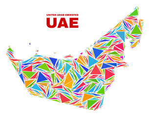 Mosaic United Arab Emirates map of triangles in bright colors isolated on a white background. Triangular collage in shape of United Arab Emirates map. Abstract design for patriotic decoration.