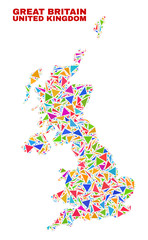 Mosaic United Kingdom map of triangles in bright colors isolated on a white background. Triangular collage in shape of United Kingdom map. Abstract design for patriotic purposes.