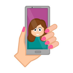 Hand holding a smartphone taking a photo. Vector illustration design