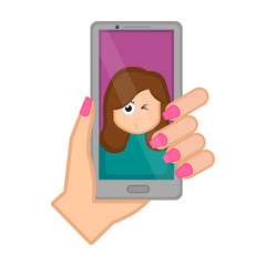 Hand holding a smartphone taking a photo. Vector illustration design