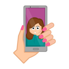 Hand holding a smartphone taking a photo. Vector illustration design