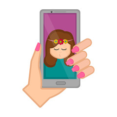 Hand holding a smartphone taking a photo. Vector illustration design