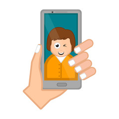 Hand holding a smartphone taking a photo. Vector illustration design