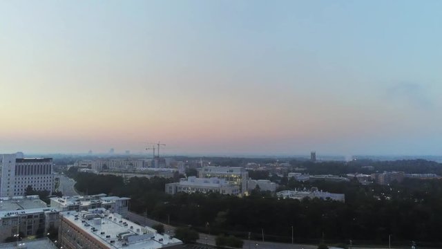 Aerial foogy morning overview of city