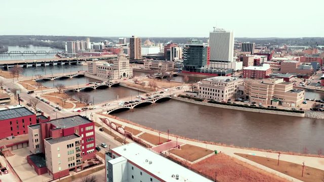 Drone Perspective over the Cedar River and the downtown urban center of Cedar Rapids