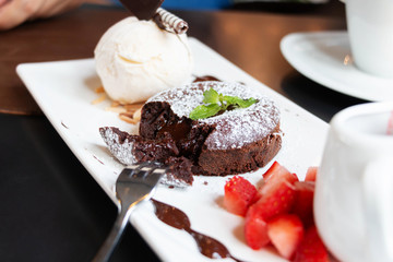 chocolate lava cake on white plate