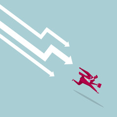 The businessman ran away. The background is blue.