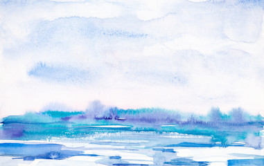 Abstract winter landscape of forest and snowy field. Hand drawn watercolor illustration.