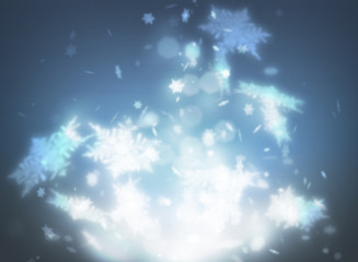 Snowflakes falling and magical burst effect on dark background