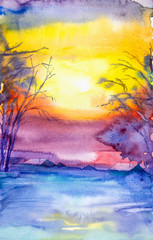 Watercolor landscape. Winter sunset in the village among the trees
