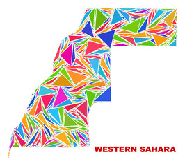 Mosaic Western Sahara map of triangles in bright colors isolated on a white background. Triangular collage in shape of Western Sahara map. Abstract design for patriotic decoration.