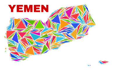 Mosaic Yemen map of triangles in bright colors isolated on a white background. Triangular collage in shape of Yemen map. Abstract design for patriotic decoration.