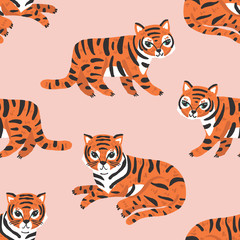 Wektorowy bezszwowy wzór z ślicznymi tygrysami w pomarańcze na różowym tle - 259451941