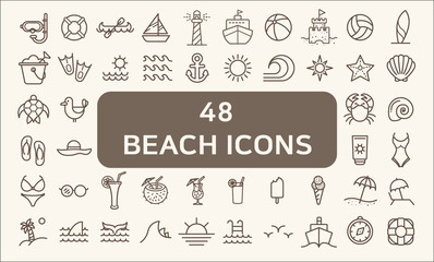Set of 48 Ocean and Beach Vector Icons thin line style. Contains such Icons as beach ball, seaside, ocean, swimsuit, bikini, lighthouse, swimming goggles, turtle And Other Elements.