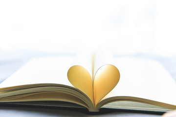 Close up heart shape book opened with nature lighting