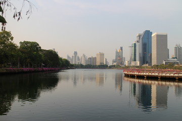 Obraz premium Sky Scrapers and the Lake in the Park in the Center of Town