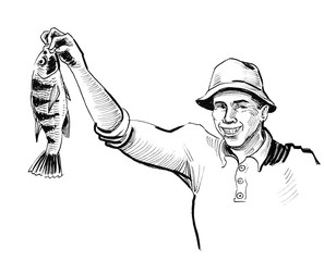 Happy smiling man holding a fish in his hand. Ink black and white cartoon