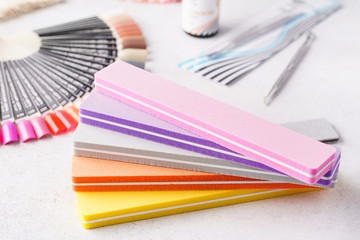 Cosmetic accessories for manicure. Nail files, swatch palettes.