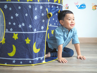 Happy little boy having fun with a play tent at home © SmoothGoodies