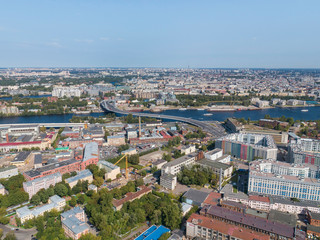 Panoramic view of Saint Petersburg, drone photo, summer day. Vasilyevsky Island. Bridge over the Malaya Neva River