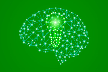 green lightbulb sign in polygonal low poly plexus human head brain, smart eco bio creative idea concept, stock vector illustration clip art