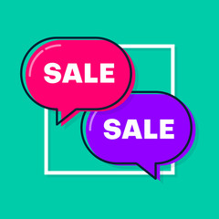 Sale green promo poster with colorful creative speech bubbles.