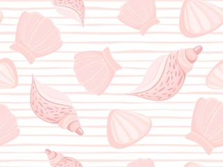 Decorative pink seashells stripe vector seamless pattern.