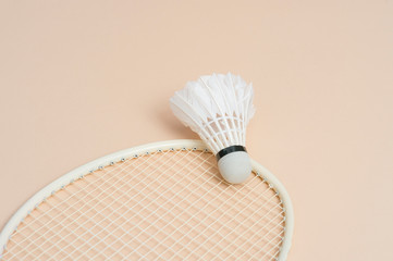 Shuttlecock and racket for playing badminton on a cream background.