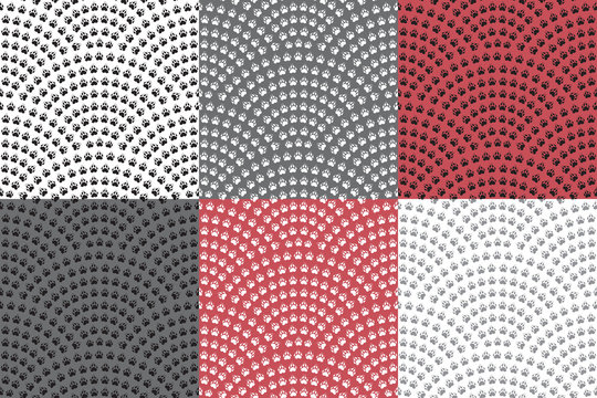 Vector set of abstract seamless wavy patterns with geometrical fish scale layout. Dark gray, white and red tiger footprint backgrounds.Fan shaped animal tracks ornament.Wallpaper, batik, textile print
