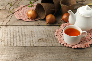 Fototapeta na wymiar Springtime rustic concept- teapot, cup of tea, craft flower potty, seasonal decoration on vintage wooden background, copy space