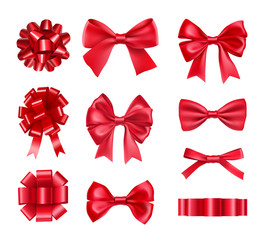 Big set of red gift bows with ribbons isolated on white background. Realistic decoration for holidays presents and cards. Elegant object from silk vector illustration. Christmas or birthday decor.