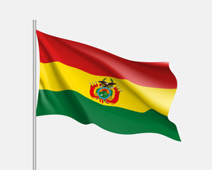 Realistic waving flag of Bolivia. Illustration of South America country flag on flagpole. Vector 3d icon isolated on white background