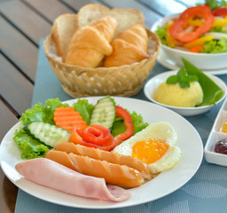 breakfast with fried eggs, bacon, sausages