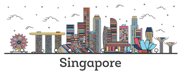Outline Singapore City Skyline with Color Buildings Isolated on White. - obrazy, fototapety, plakaty