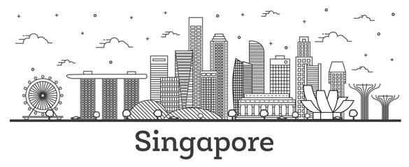 Naklejka premium Outline Singapore City Skyline with Modern Buildings Isolated on White.