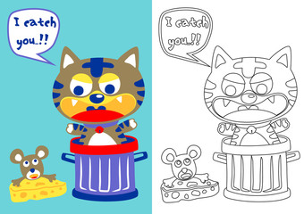 little cat try to catch a mice, vector cartoon, coloring book/page