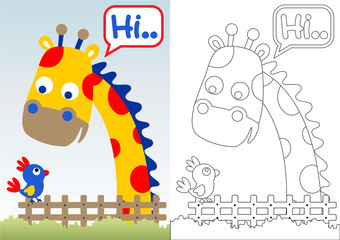 Obraz premium animals friendship beetwen giraffe and bird, vector cartoon, coloring book or page